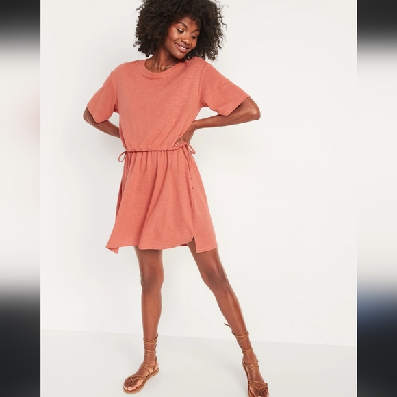 Old Navy Waist-Defined Short-Sleeve Slub-Knit Mini T-Shirt Dress Sugar Poppy - Picture 3 of 13